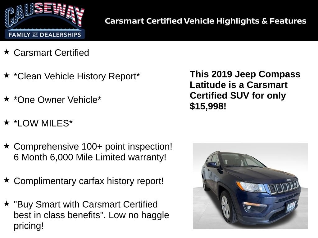 Used 2019 Jeep Compass Latitude with VIN 3C4NJDBB8KT628659 for sale in Stafford Township, NJ