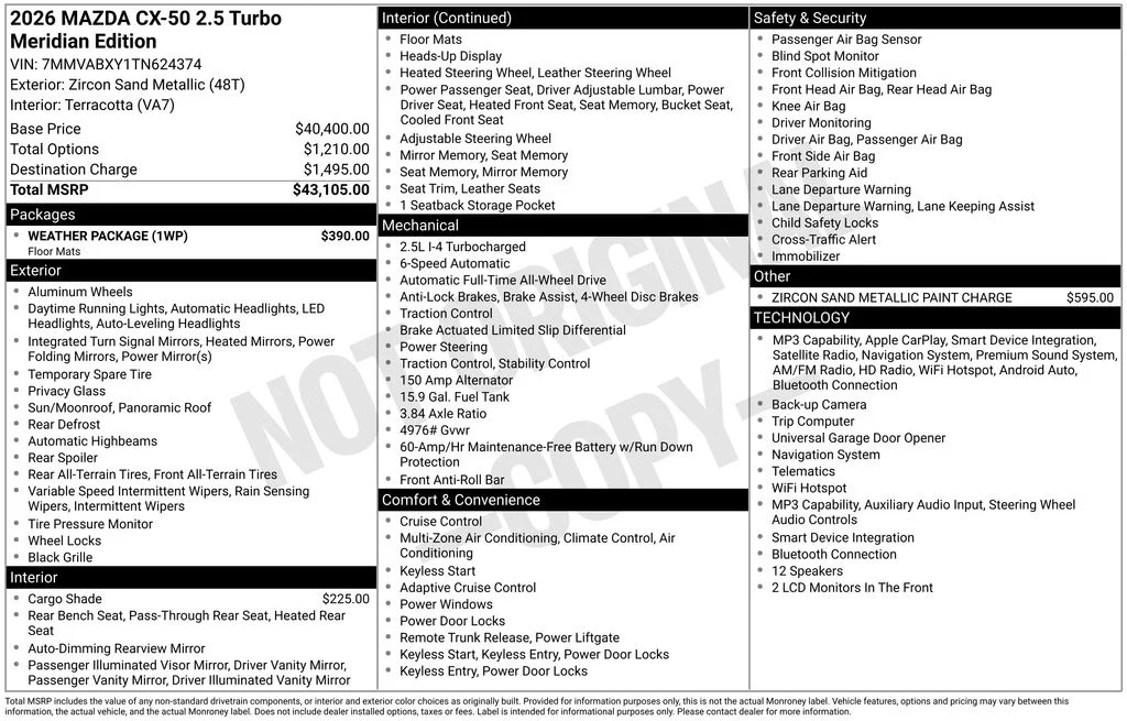 New 2026 Beige/tan Mazda 2.5 Turbo Meridian Edition image 3