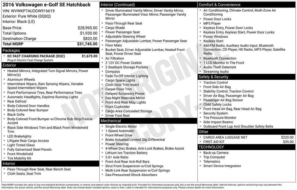 Used 2016 Volkswagen e-Golf e-Golf SE with VIN WVWKP7AU2GW916619 for sale in Buena Park, CA