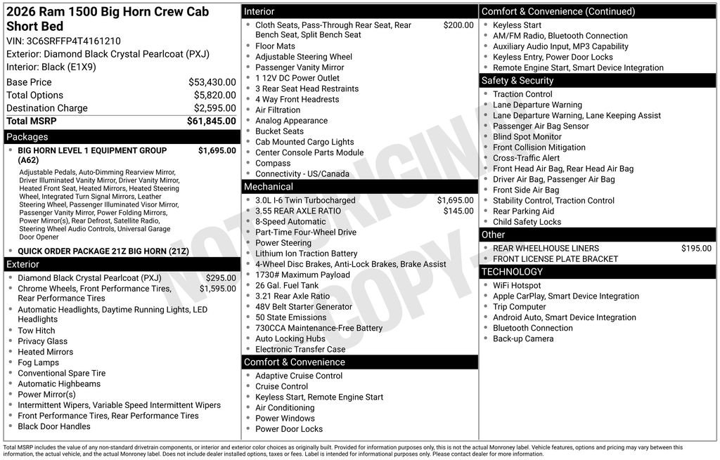 New 2026 Diamond Black Crystal Pearl-Coat Exterior Paint RAM Big Horn/Lone Star image 3