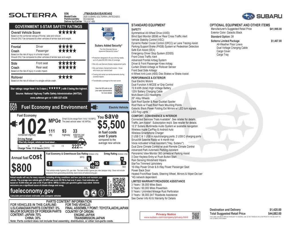 Used 2025 Subaru Solterra Limited with VIN JTMABABA5SA093492 for sale in Phoenix, AZ