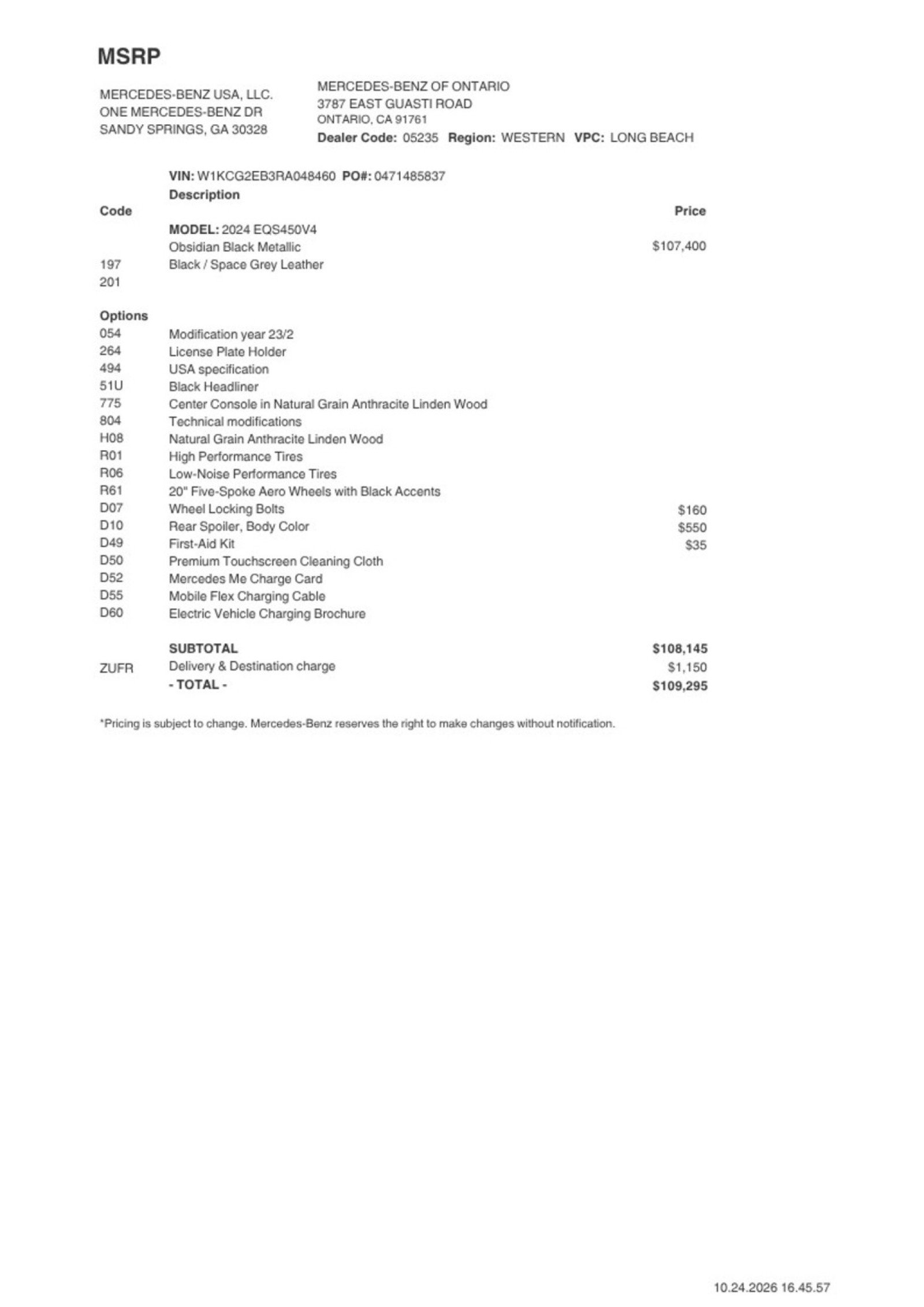 Certified 2024 Mercedes-Benz EQS Base with VIN W1KCG2EB3RA048460 for sale in Ontario, CA