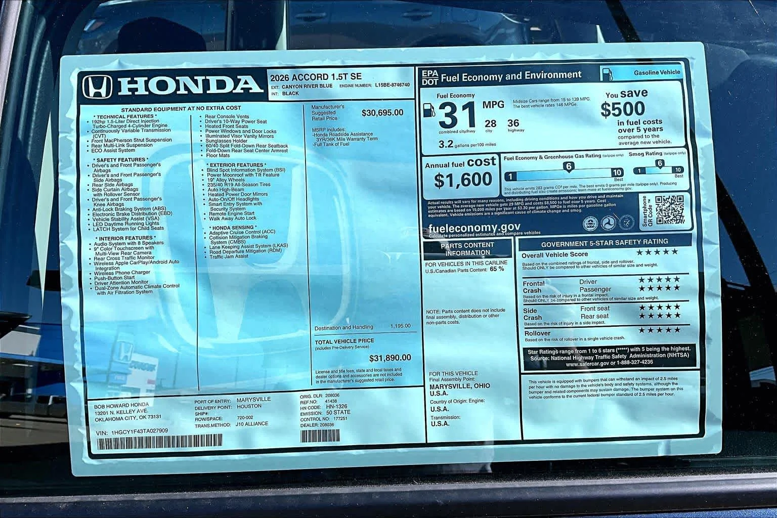 New 2026 Canyon River Blue Metallic Honda SE image 19