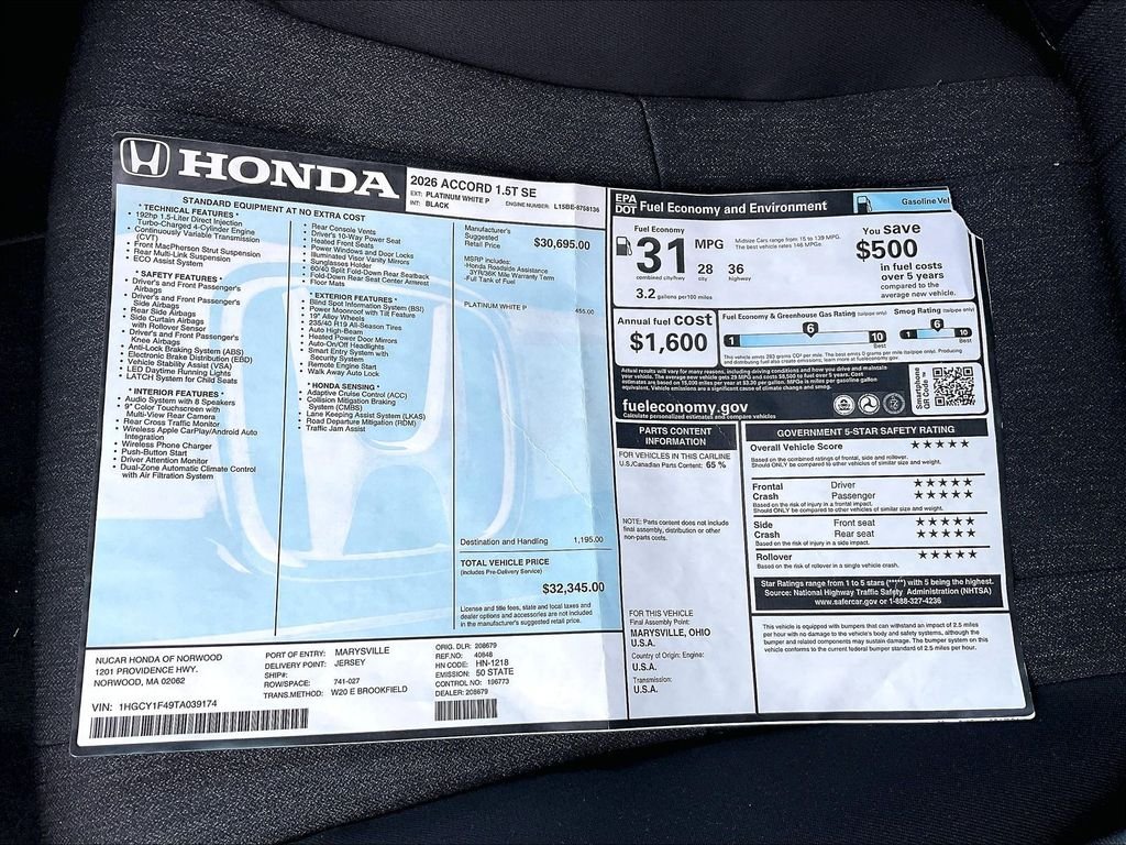 New 2026 Platinum White Pearl Honda SE image 16