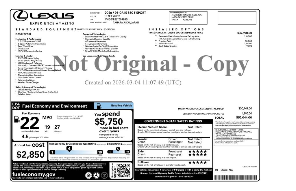 Certified Used 2026 White Lexus 350 F SPORT image 4