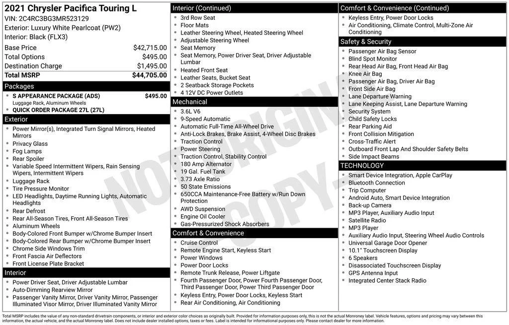 Used 2021 Luxury White Pearlcoat Chrysler Touring L image 2