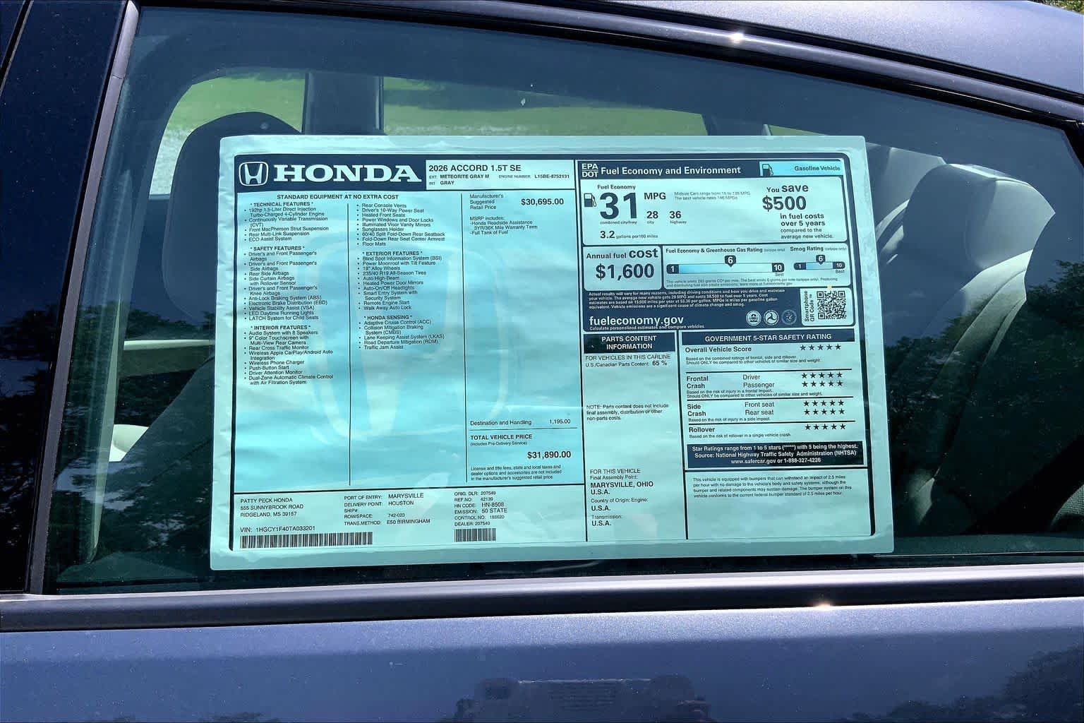 New 2026 Meteorite Gray Metallic Honda SE image 19