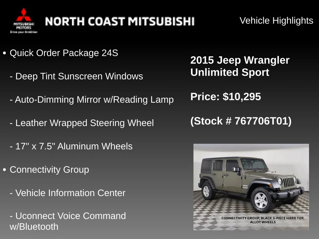Used 2015 Jeep Wrangler Unlimited Sport with VIN 1C4BJWDG5FL767706 for sale in Bedford, OH