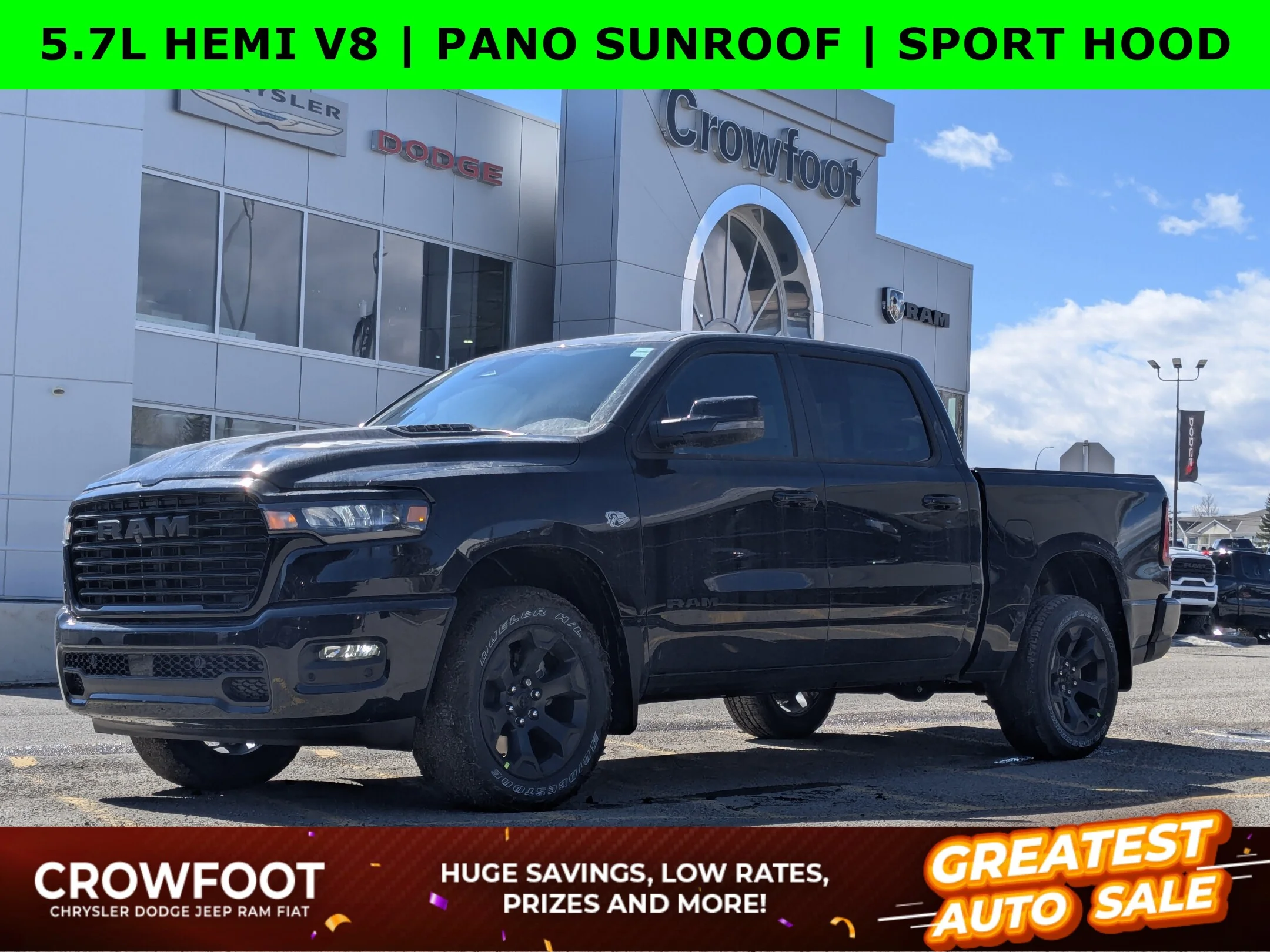 New 2026 Black RAM Sport - - 4x4 - Dual-Pane Panoramic Sunroof - Steel Sport Hood - Trailer Brake Control & More! image 1