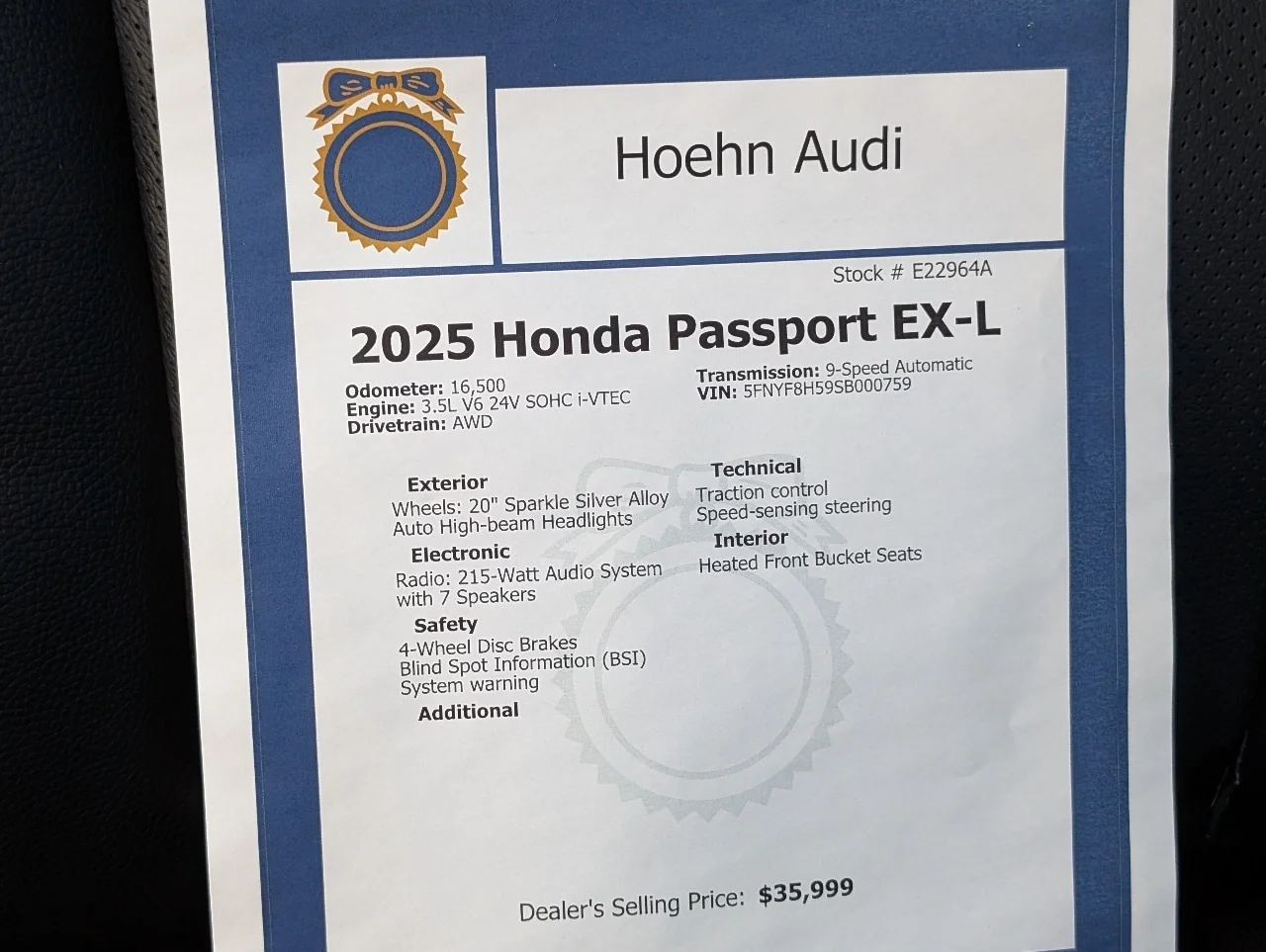Used 2025 Platinum White Pearl Honda EX-L image 3