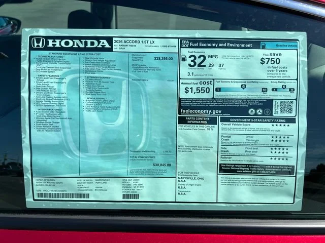 New 2026 Radiant Red Metallic Honda LX image 30