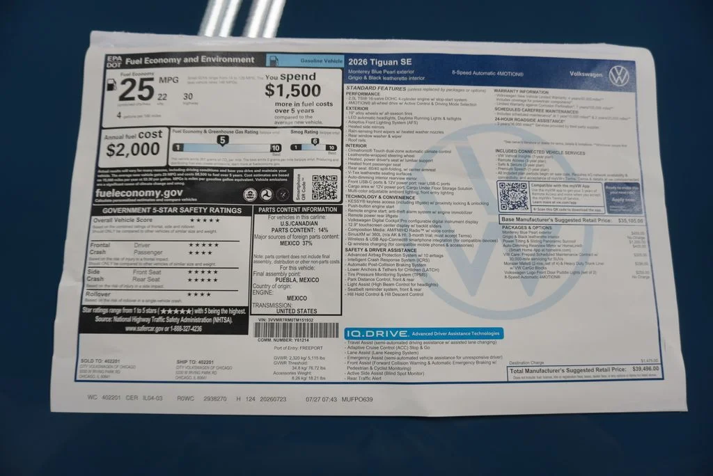 New 2026 Blue Volkswagen 2.0T SE image 34