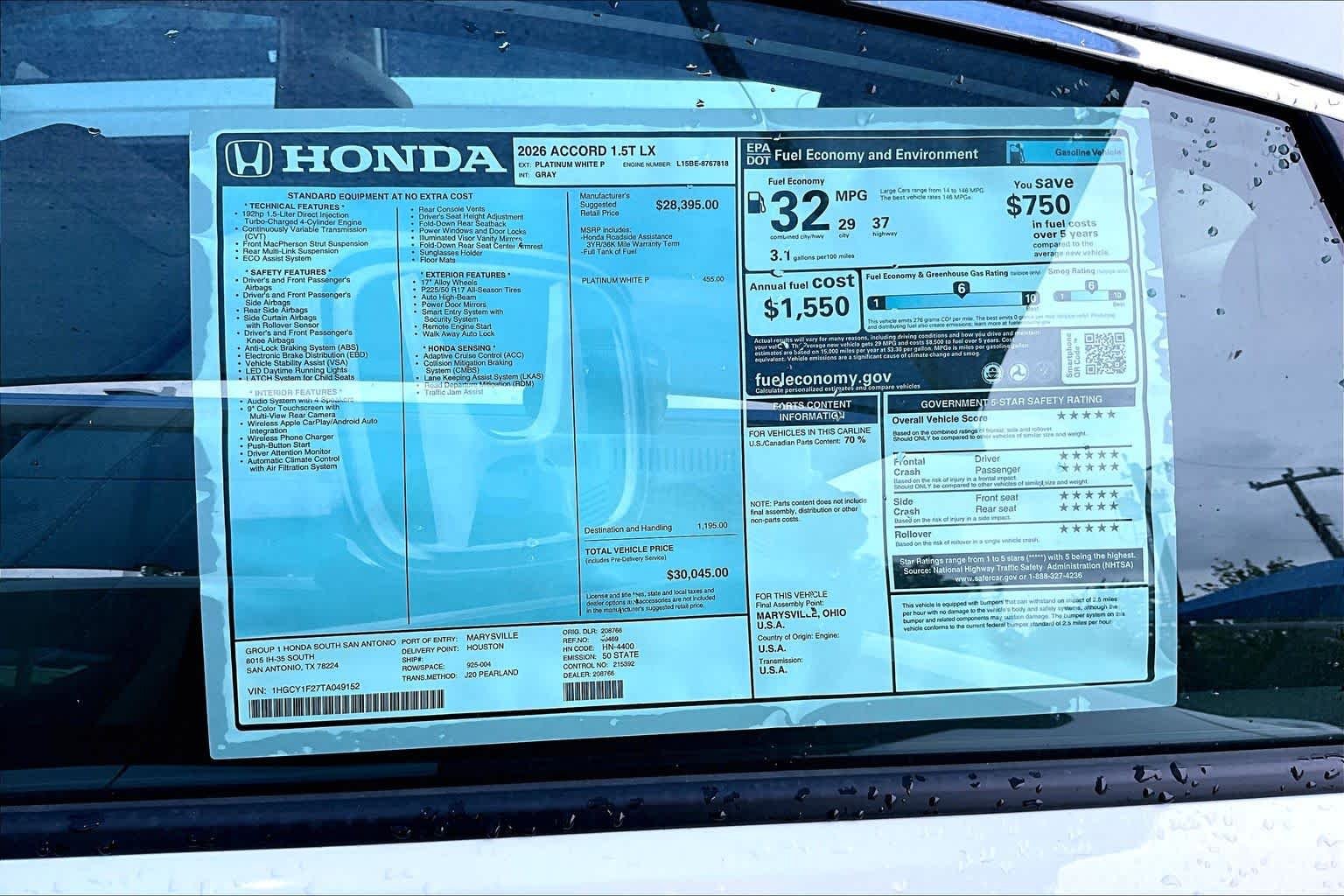 New 2026 Platinum White Pearl Honda LX image 18