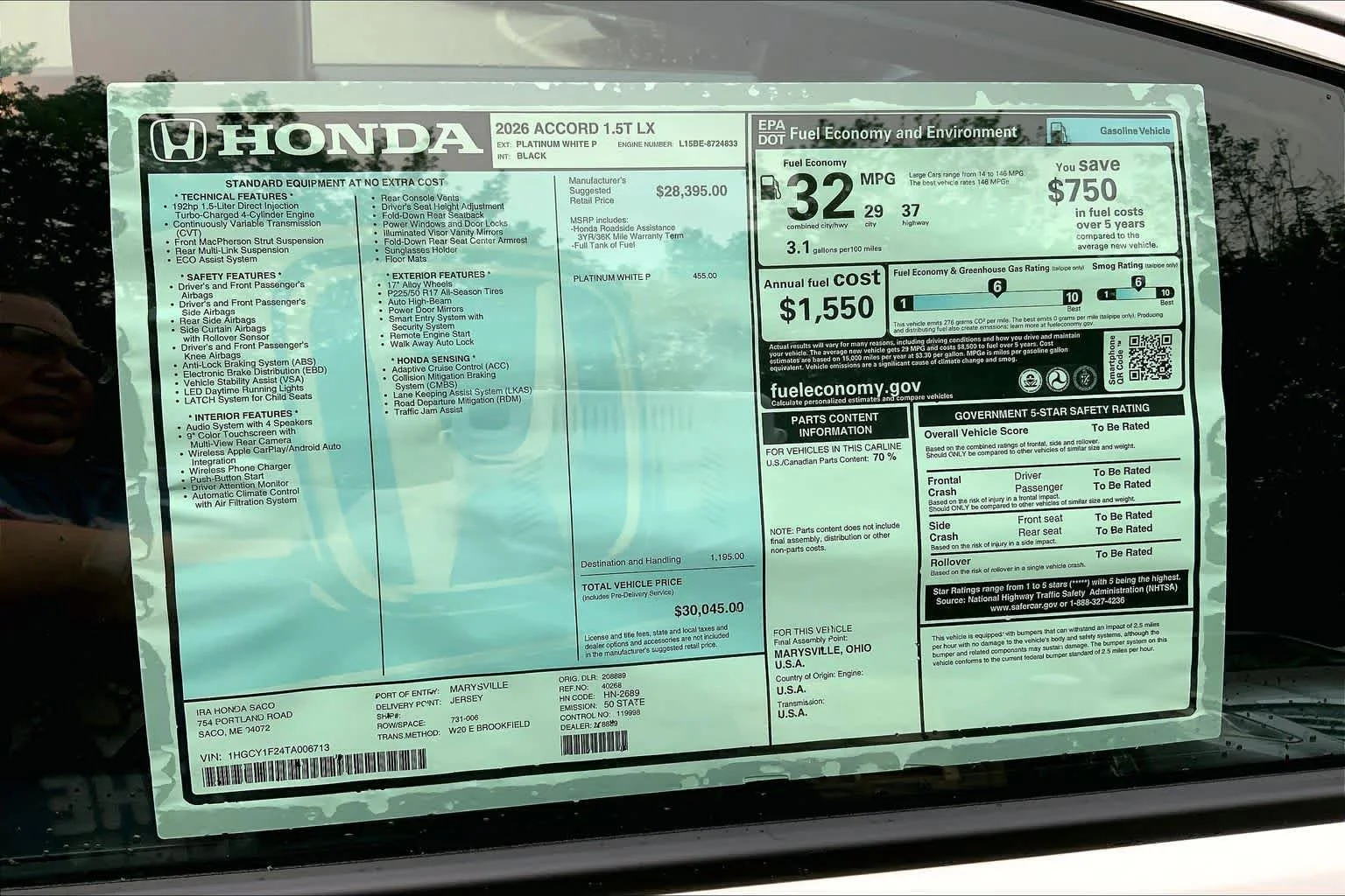 New 2026 Platinum White Pearl Honda LX image 18