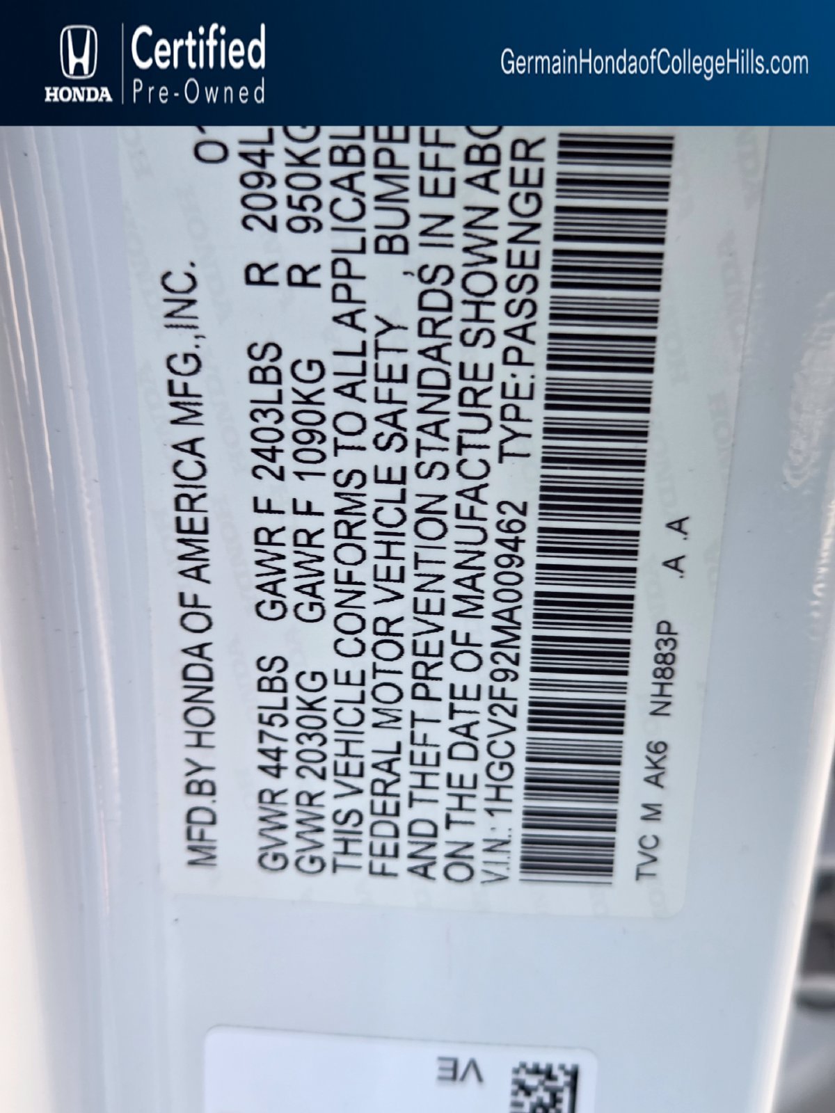 Certified Used 2021 Platinum White Pearl Honda 2.0T Touring image 34