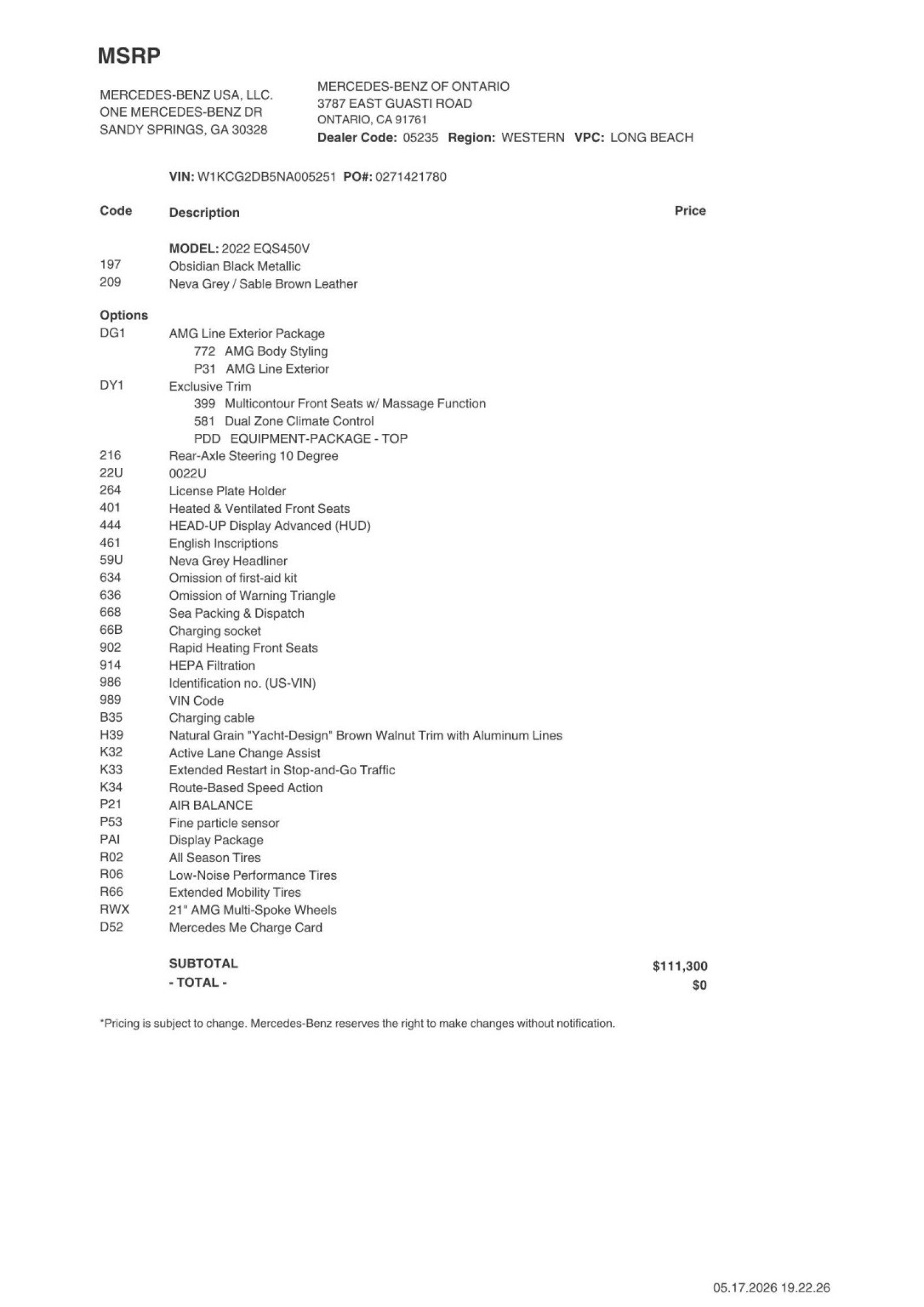 Certified 2022 Mercedes-Benz EQS Base with VIN W1KCG2DB5NA005251 for sale in Ontario, CA