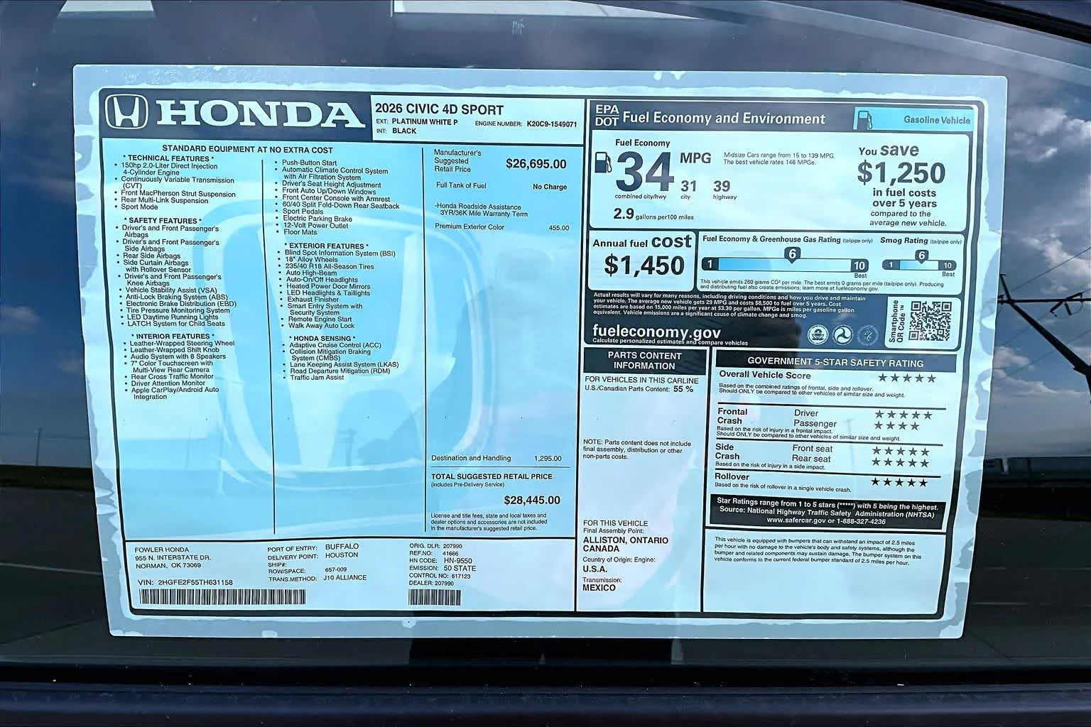 New 2026 Platinum White Pearl Honda Sport image 20