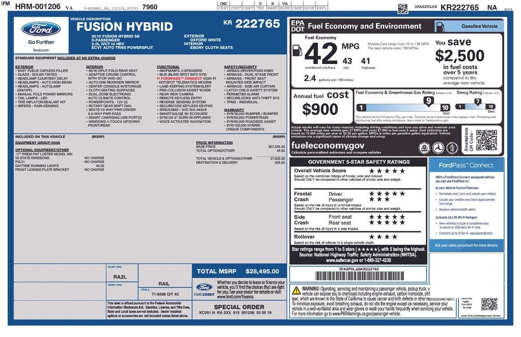 Used 2019 Ford Fusion Hybrid SE with VIN 3FA6P0LU6KR222765 for sale in Buena Park, CA