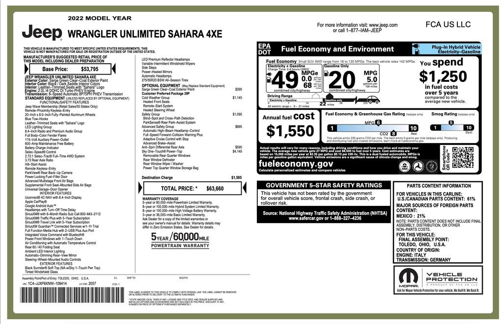 Used 2022 Jeep Wrangler Unlimited Sahara 4XE with VIN 1C4JJXP6XNW109414 for sale in Chicago, IL