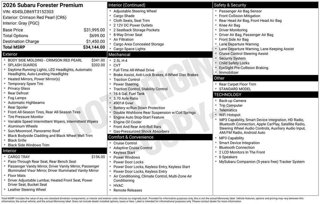 New 2026 CRIMSON RED PEARL Subaru Premium image 2