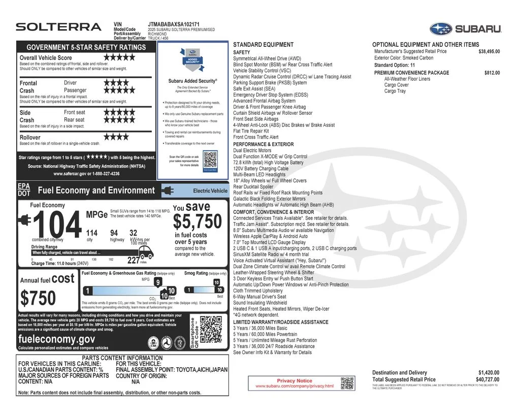 Certified Used 2025 Black Subaru Premium image 2