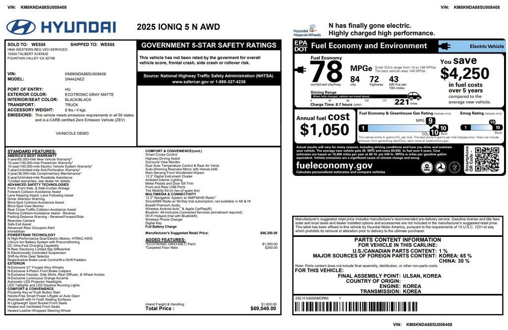 Used 2025 Hyundai IONIQ 5 N with VIN KM8KNDA88SU008408 for sale in Phoenix, AZ