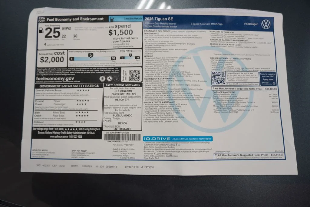 New 2026 Platinum Gray Volkswagen 2.0T SE image 33