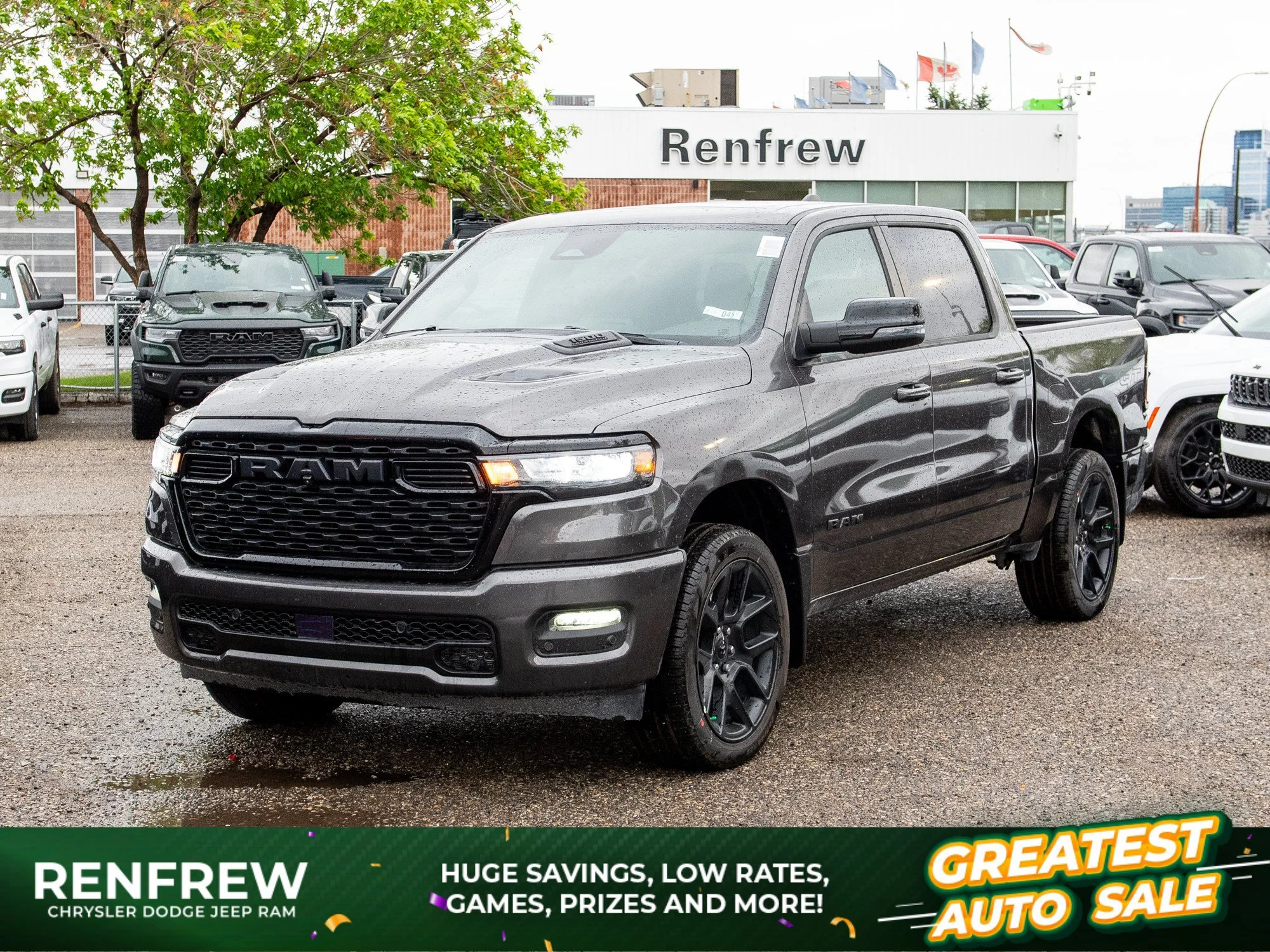New 2026 Grey RAM Sport Night G/T* Crew Cab 4x4, Cold End Exhaust, Passenger Screen, 3.92 Rear Axle image 1