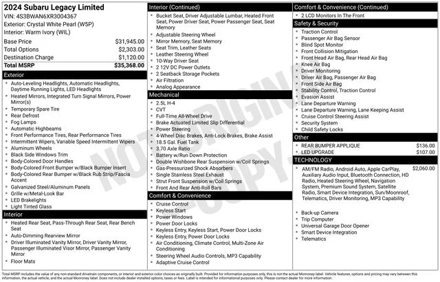 Used 2024 White Subaru Limited image 6