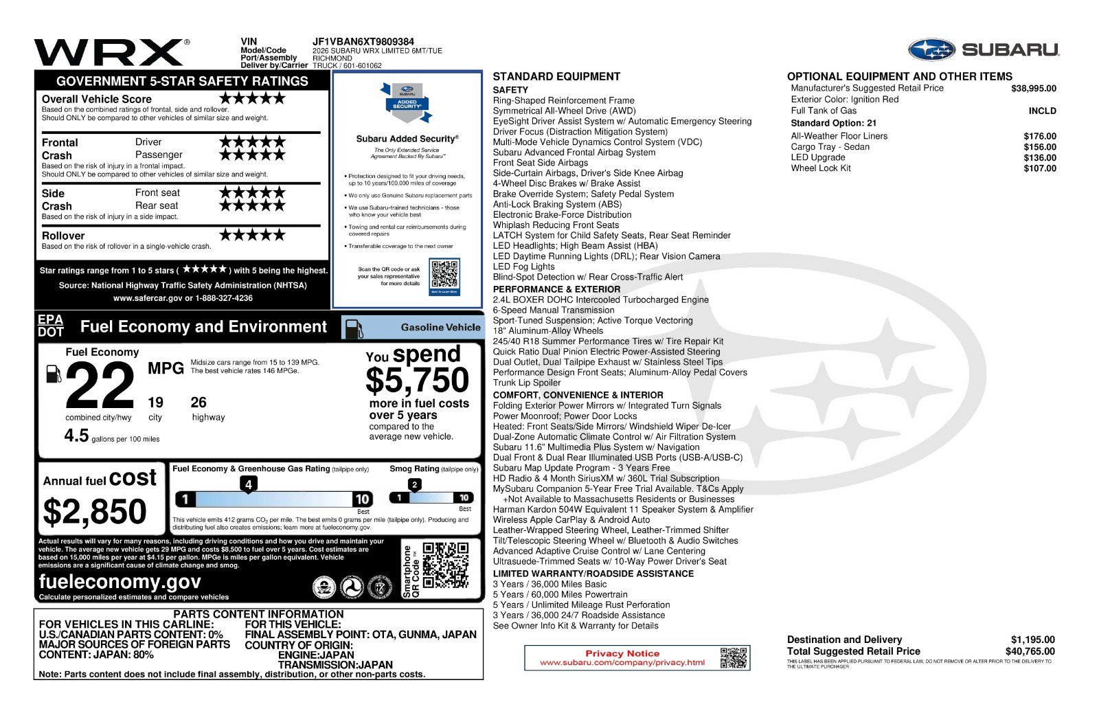 New 2026 IGNITION RED Subaru Limited image 11