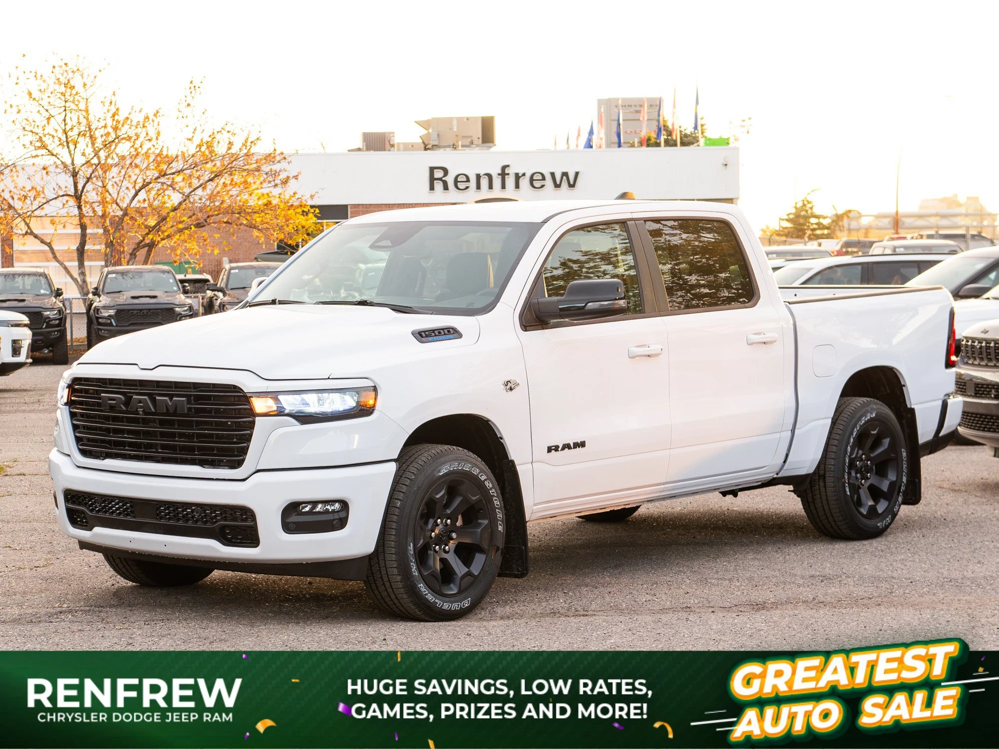 New 2026 White RAM Sport* Crew Cab 4x4, HEMI V8, Heated Seats/Wheel, Alpine Audio, 3.92 Rear Axle image 1