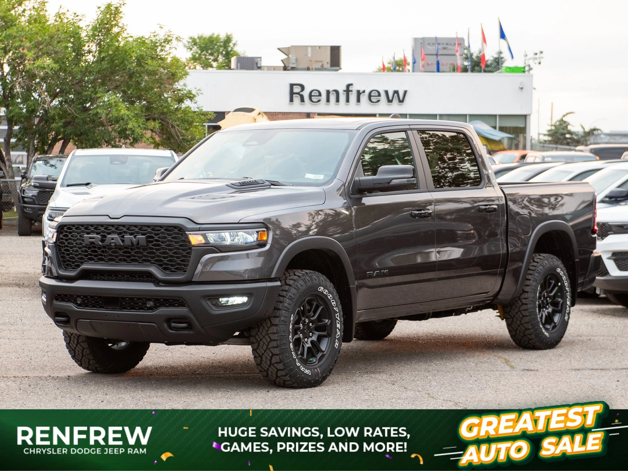 New 2026 Grey RAM Rebel* Crew Cab 4x4, 33 Inch A/T Tires, Bilstein Shocks, Panoramic Sunroof image 1
