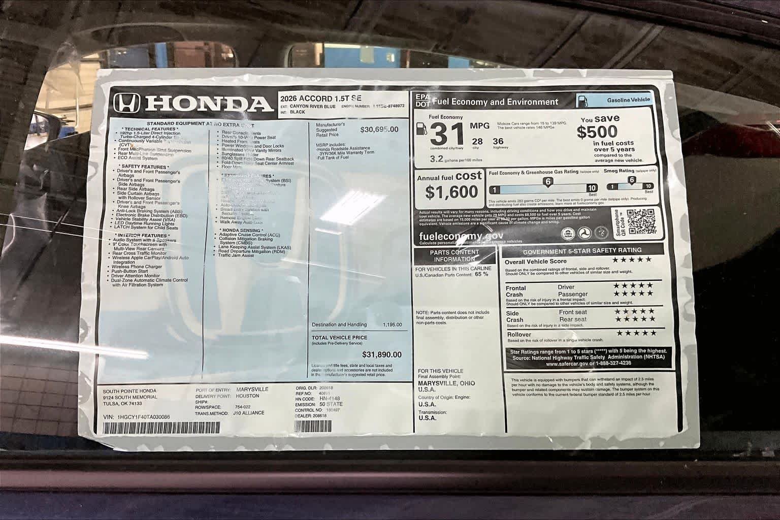 New 2026 Canyon River Blue Metallic Honda SE image 19