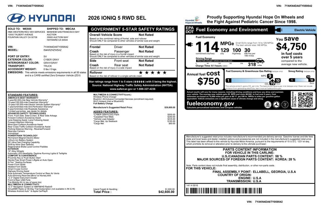Used 2026 Hyundai IONIQ 5 SEL with VIN 7YAKN4DA6TY059542 for sale in Phoenix, AZ