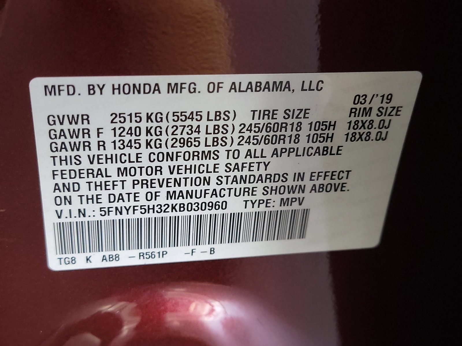 Used 2019 Deep Scarlet Pearl Honda EX image 31