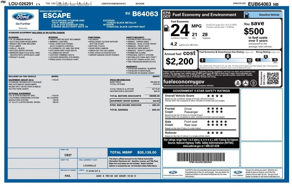 Used 2014 Ford Escape Titanium with VIN 1FMCU9J9XEUB64063 for sale in Carlsbad, CA
