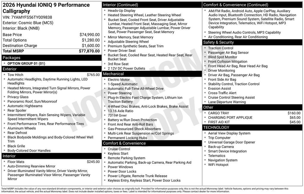 Certified 2026 Hyundai IONIQ 9 Performance Calligraphy with VIN 7YAMYFS56TY009838 for sale in Highland Park, IL