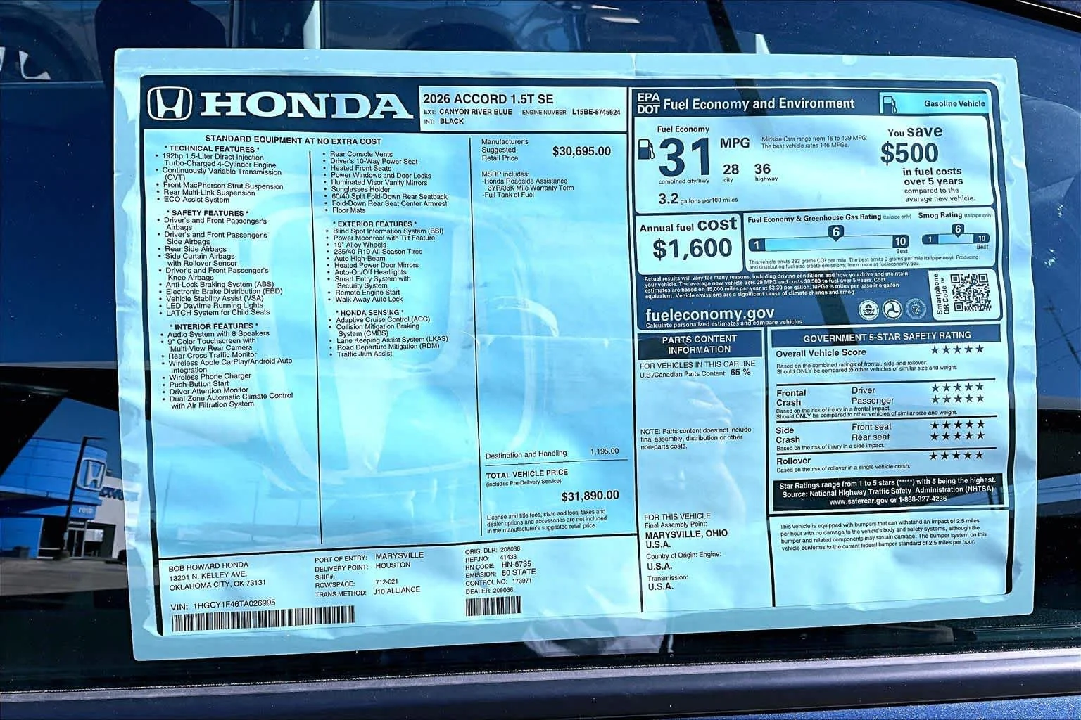 New 2026 Canyon River Blue Metallic Honda SE image 19
