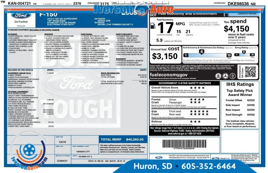 Used 2013 Ford F-150 Lariat with VIN 1FTFW1ET2DKE98536 for sale in Huron, SD