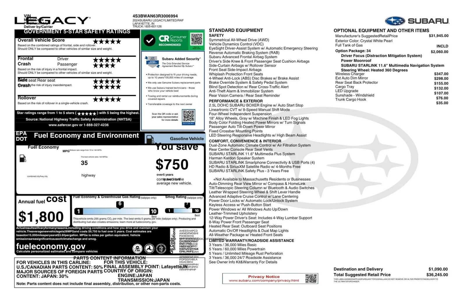 Used 2024 Crystal White Pearl Subaru Limited image 2