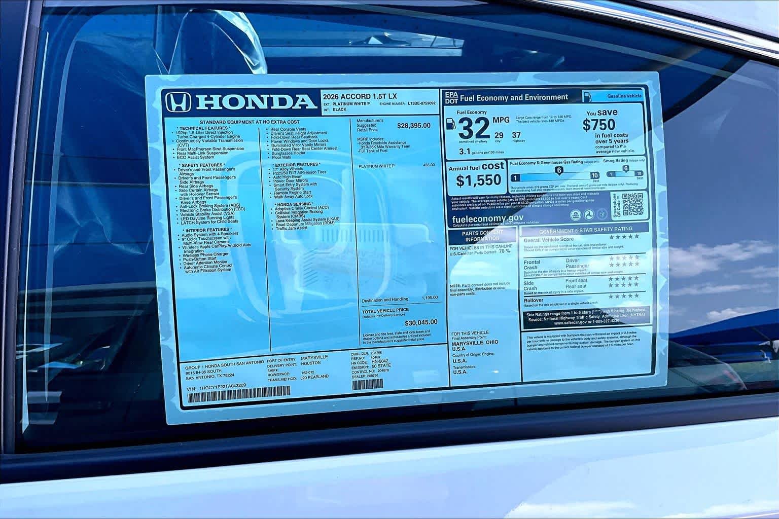 New 2026 Platinum White Pearl Honda LX image 18