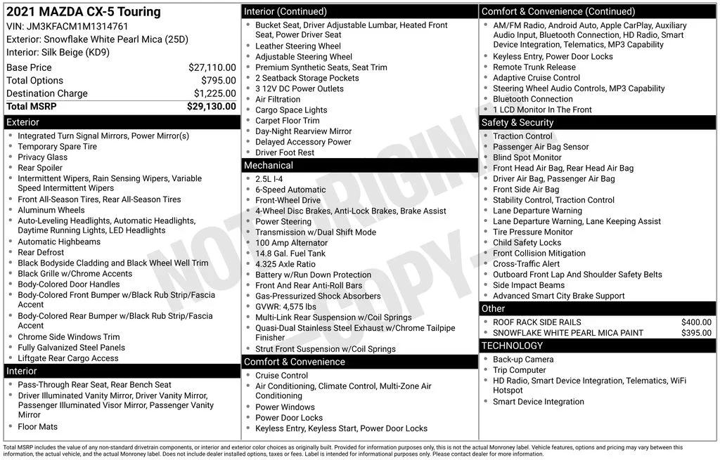 Certified Used 2021 White Mazda Touring image 3