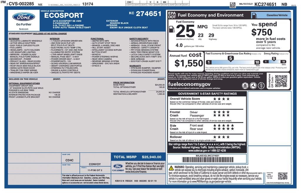 Used 2019 Ford Ecosport SE with VIN MAJ6S3GL9KC274651 for sale in Somersworth, NH