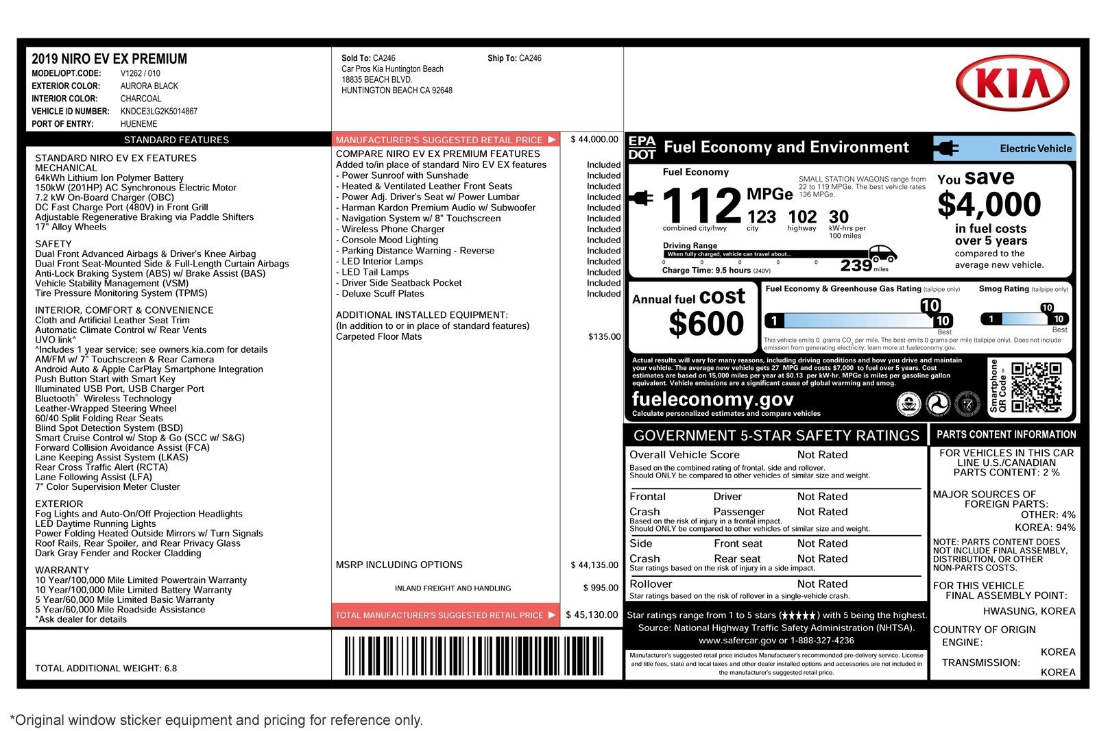 Used 2019 Kia Niro EX Premium with VIN KNDCE3LG2K5014867 for sale in Costa Mesa, CA