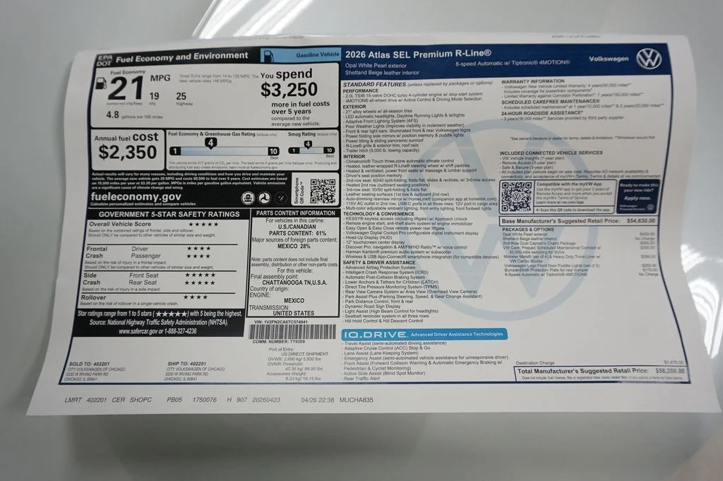 New 2026 Opal White Volkswagen 2.0T SEL Premium R-Line image 42