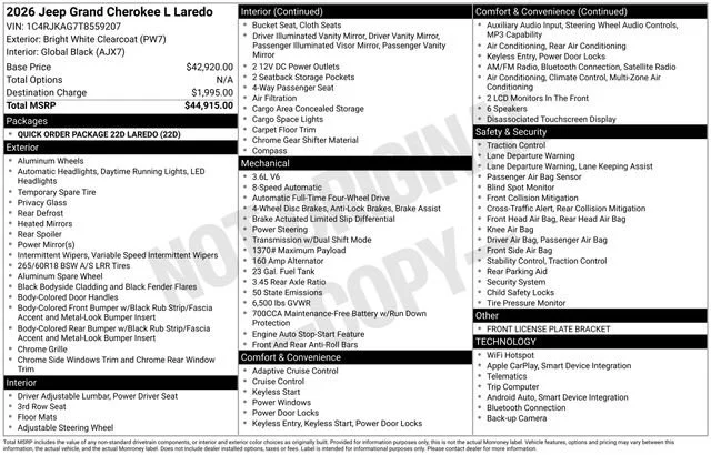 New 2026 Bright White Clear-Coat Exterior Paint Jeep Laredo image 21