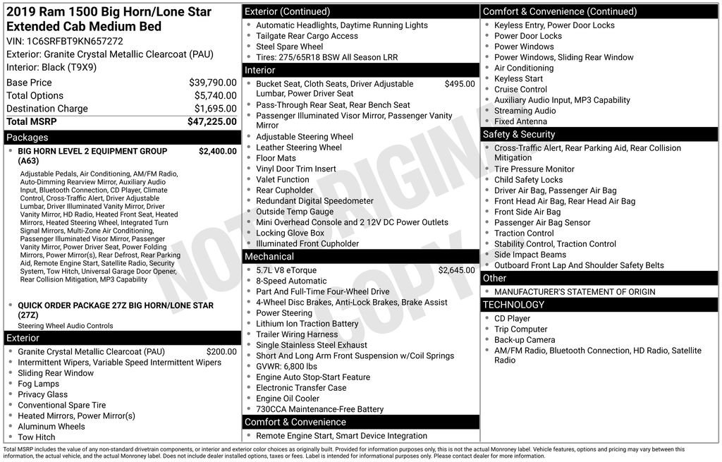 Used 2019 RAM Ram 1500 Pickup Big Horn/Lone Star with VIN 1C6SRFBT9KN657272 for sale in Elk River, Minnesota