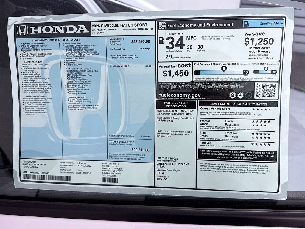 New 2026 Platinum White Pearl Honda Sport image 9