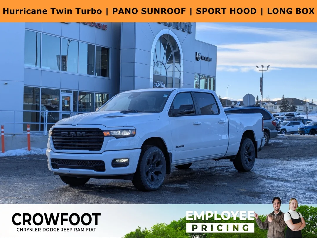 New 2026 White RAM Sport - - 64 Box - Panoramic Sunroof - Sport Performance Hood - Hurricane Turbo & More! image 1