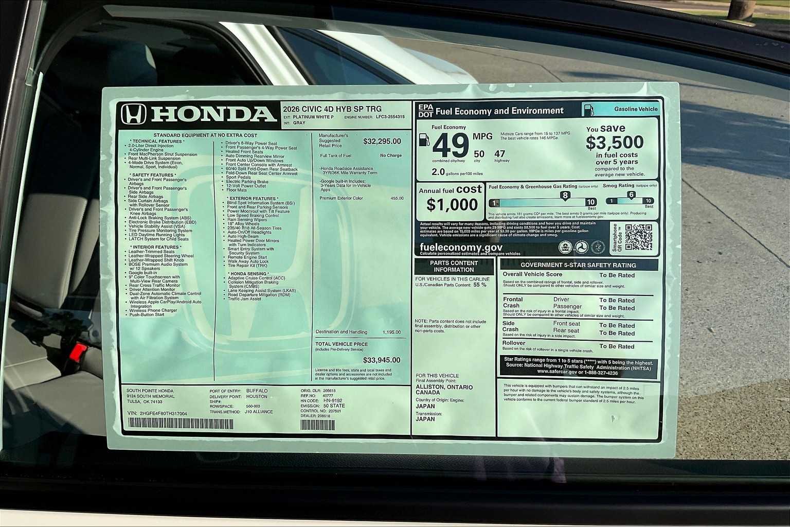 Used 2026 Platinum White Pearl Honda Sport Touring image 22